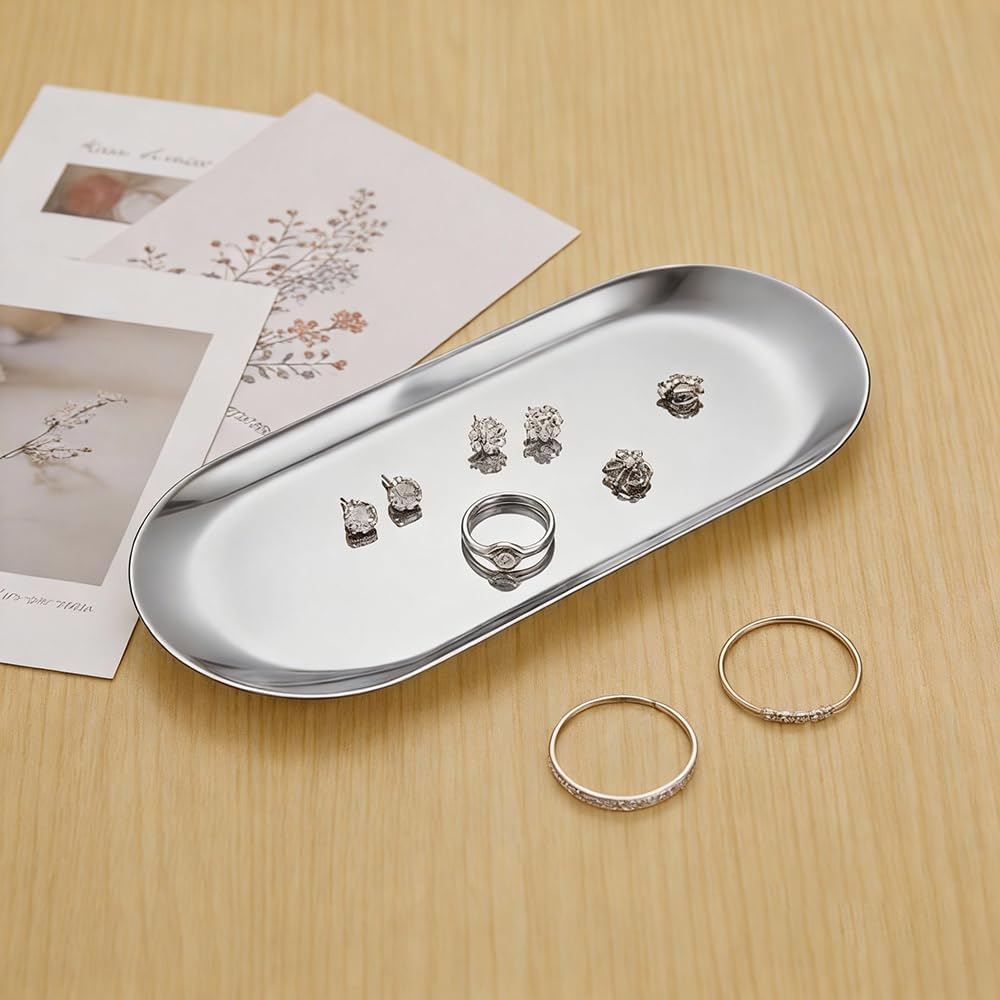 Oval Silver Tray Set, Elegant Silver Accent Decor for Vanity, Bathroom, and Kitchen, Stylish Stainless Steel Trays for Home Decor and Organization