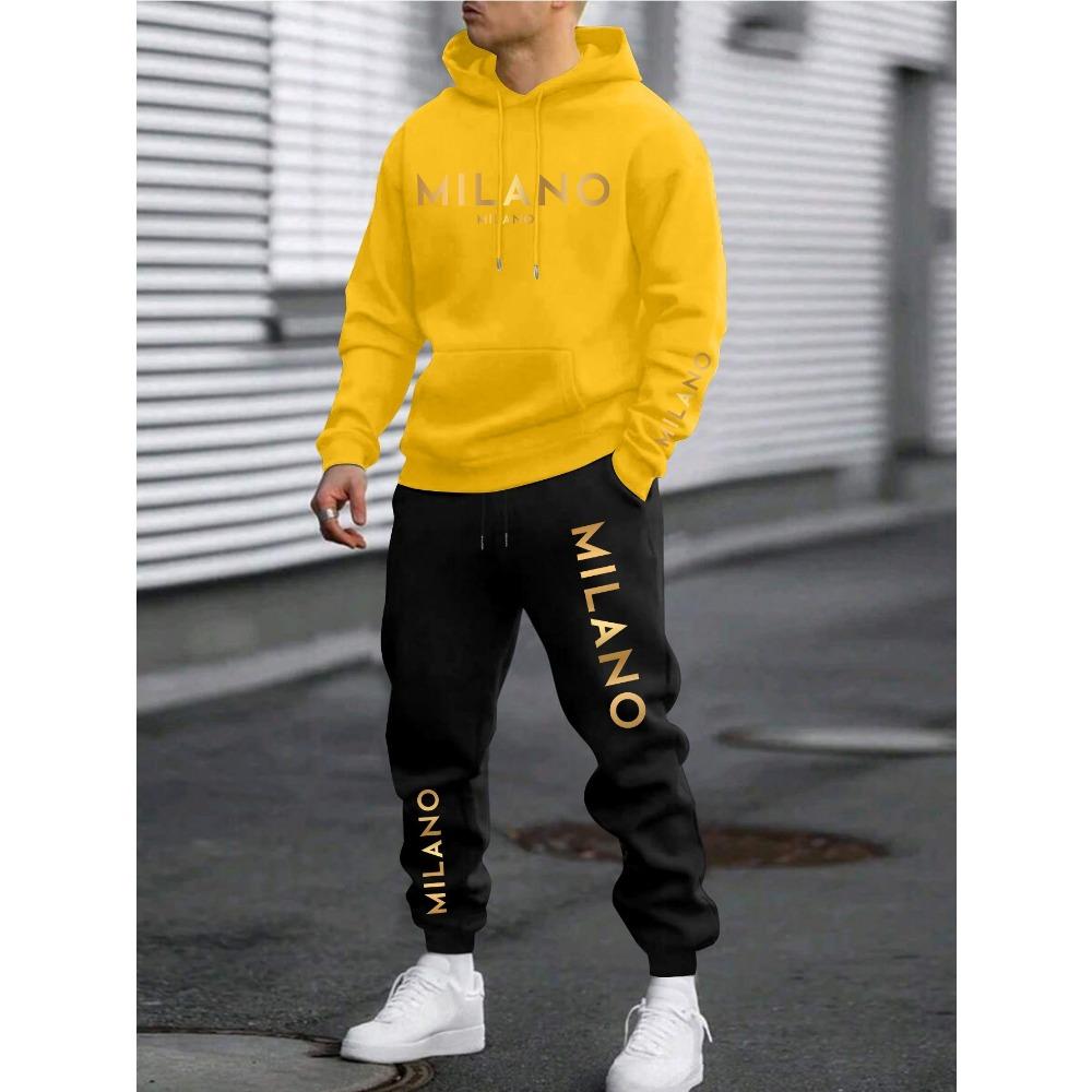 Men's Vacation Style Printed Sportswear and Pants Set, Casual Sportswear Drawstring Pants Set, Autumn and Winter Men's Outdoor 2 Piece Set