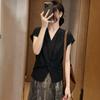 Premium black V-neck kink short-sleeved shirt women's summer large size fat MM slim top A-