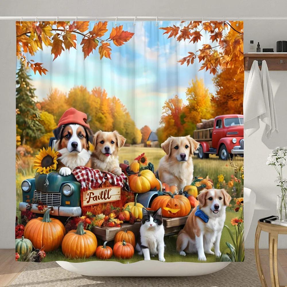 Sunflower Pumpkin Shower Curtain Thanksgiving Rustic Farm Barn Elf Cute Dog Polyester Shower Curtains Bathroom Decor with Hook