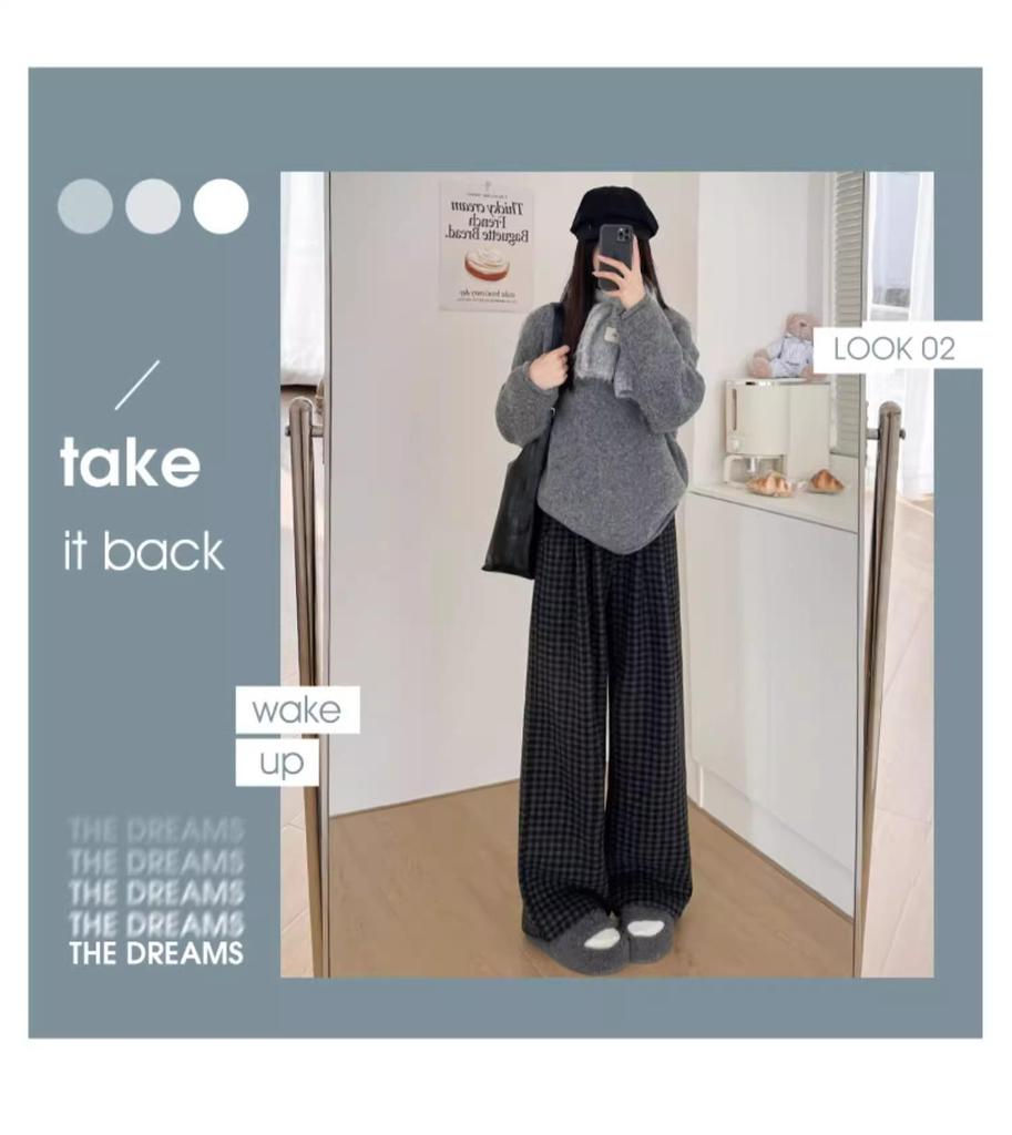 High-Waisted Fleece-Lined Plaid Wide-Leg Pants for Women, 150 Petite, Slimming Casual Autumn/Winter Wear