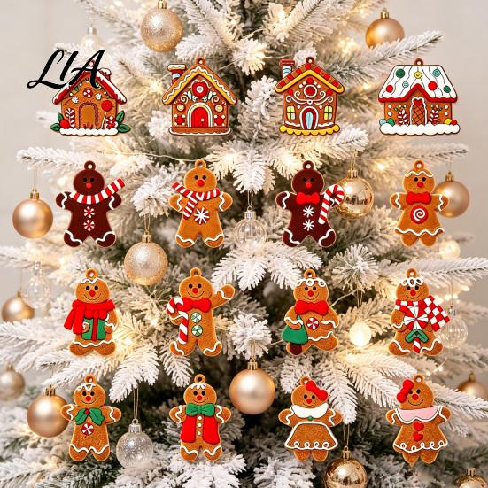 Decorative Cookie Style Tree Hanging 12/16/24PCS Wooden Christmas Ornaments, Gingerbread Man & House Decorations, Lightweight Xmas Charms Ornaments