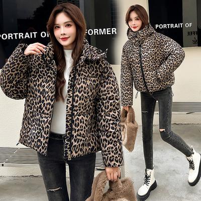 2025 Winter Loose Korean Style Thick Down Cotton Parka Women's Short Print Leopard Print Cotton Jacket Outerwear