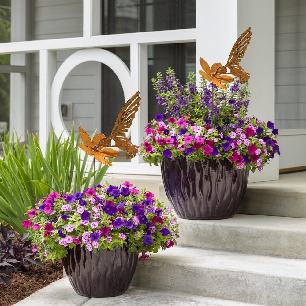 15.55x4.53in Hummingbird Yard Decor Iron Flower Pot Decoration Garden Ornament Stake Balcony Pots