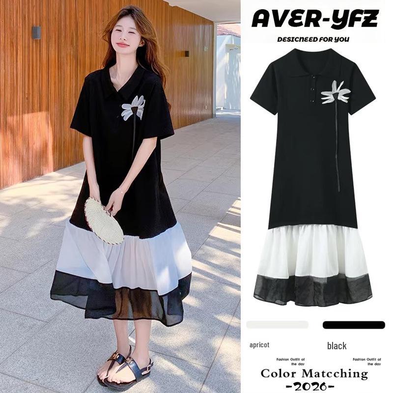 2026 New Korean Chiffon Patchwork Maternity Lapel Dress: Versatile Long Skirt L