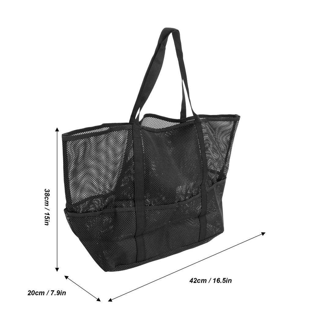Mesh Beach Bag with 8 Pockets Waterproof Large Capacity Portable Handle Mesh Pool Bag for Vacation Swimming Black