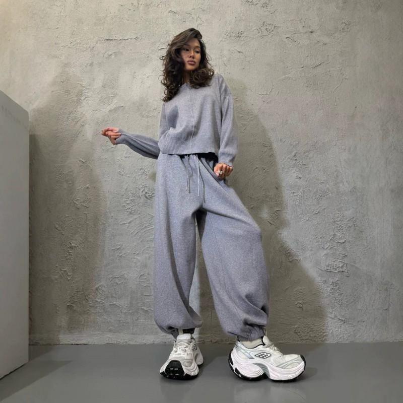 Womens Knit Cardigan Wide-Leg Pants Set Casual Solid Color Streetwear Outfit