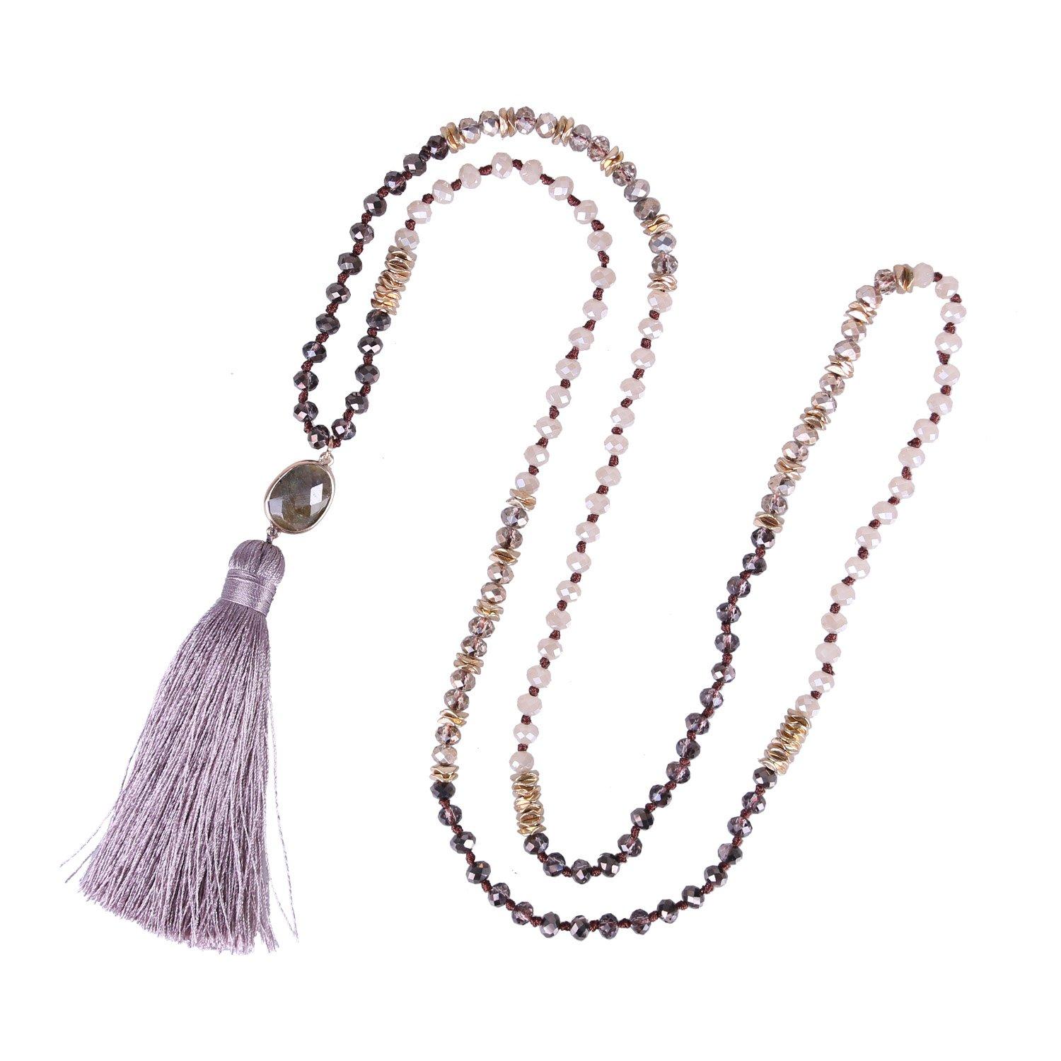 Kelitch 6MM Crystal AB Bead Long Necklace with Colored Tassel and Agate Pendant, Women s Strand Bracelet for Summer (Light Purple)