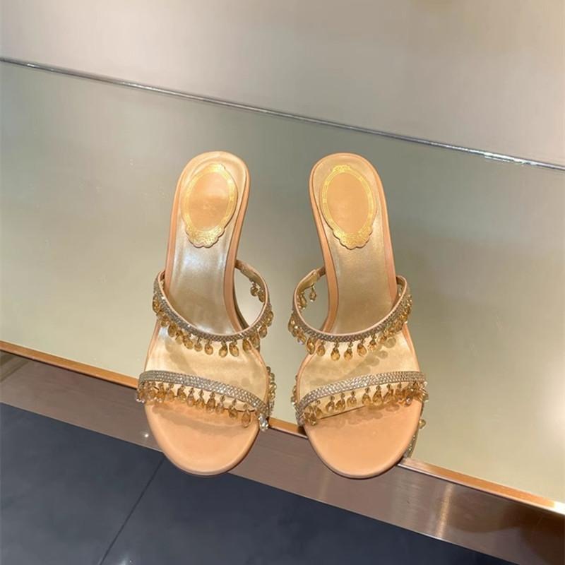 Crystal Pendant Tassel Women Slippers Sandals Elegant Stiletto High heels Mules Slides Female Summer Party Prom Shoes