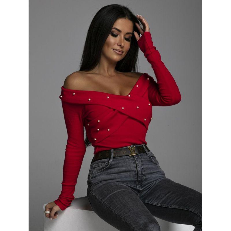 

Модная весенняя, осенняя и зимняя новая футболка с V-образным вырезом, модная, слегка зрелая, красная, с перекрестными бусинами, приталенная, с длинным рукавом, нижняя рубашка, рубашка, рубашка Red S