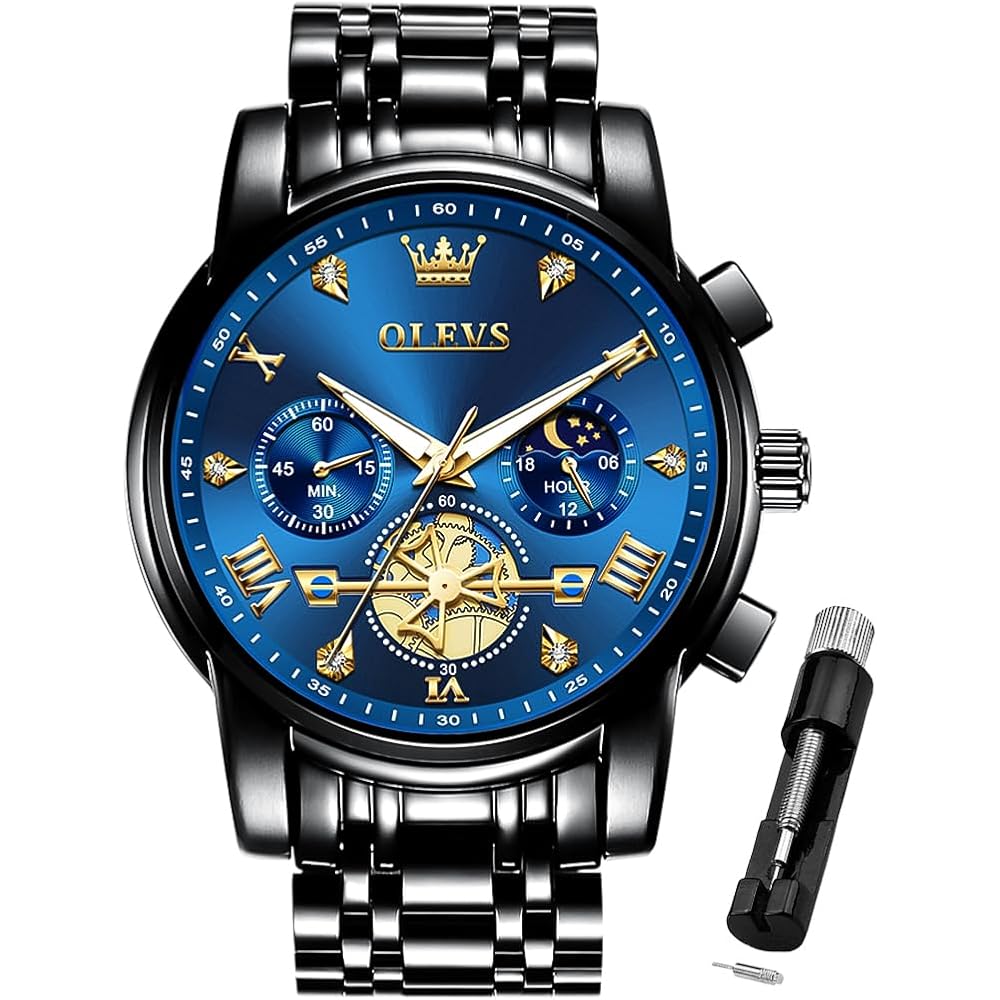 OLEVS Men s Skeleton Watch Analog Quartz Moon Phase Multi-Calendar Chronograph Waterproof Rose Gold Case