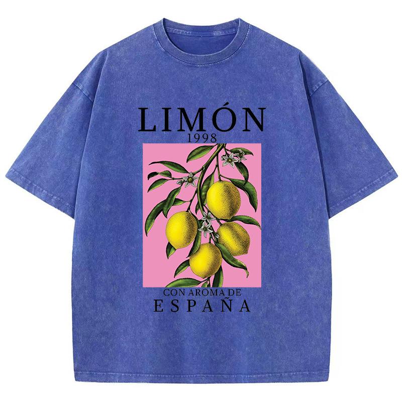 Lemon Con Aroma De Espana Prints Washed TShirts Womens Cotton Tops Comfortable Distressed ONeck Streetwear Summer Clothes