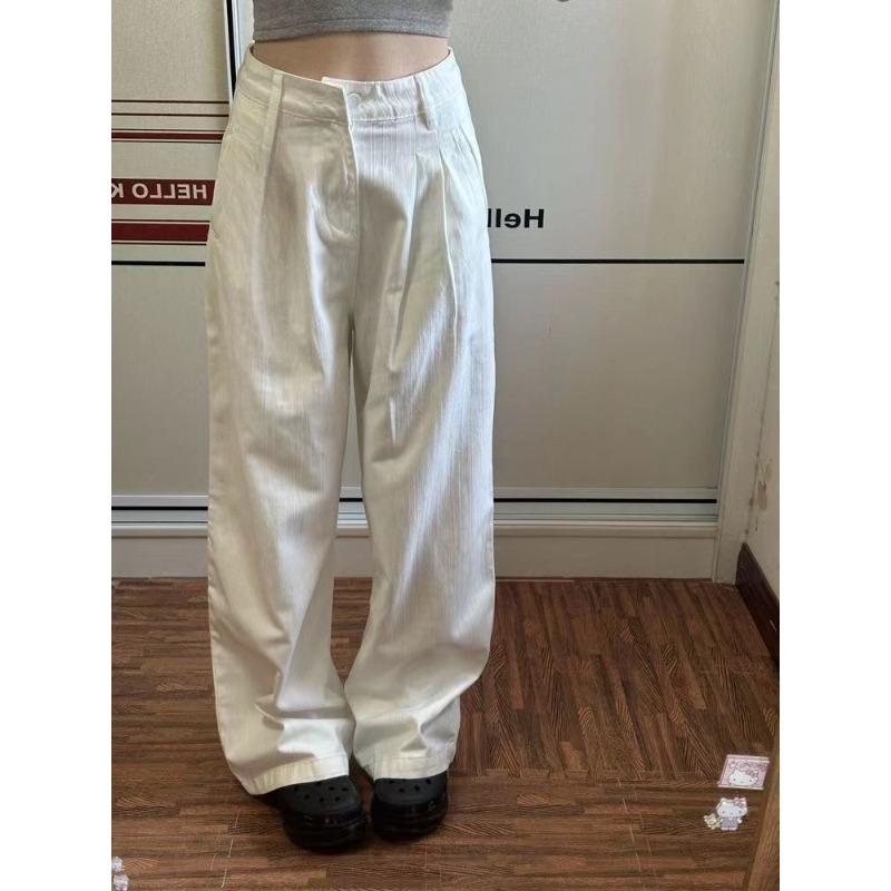 

Американские ретро плиссированные белые джинсы женские Spring Spice High Street прямые свободные утягивающие широкие брюки XL слоновая кость