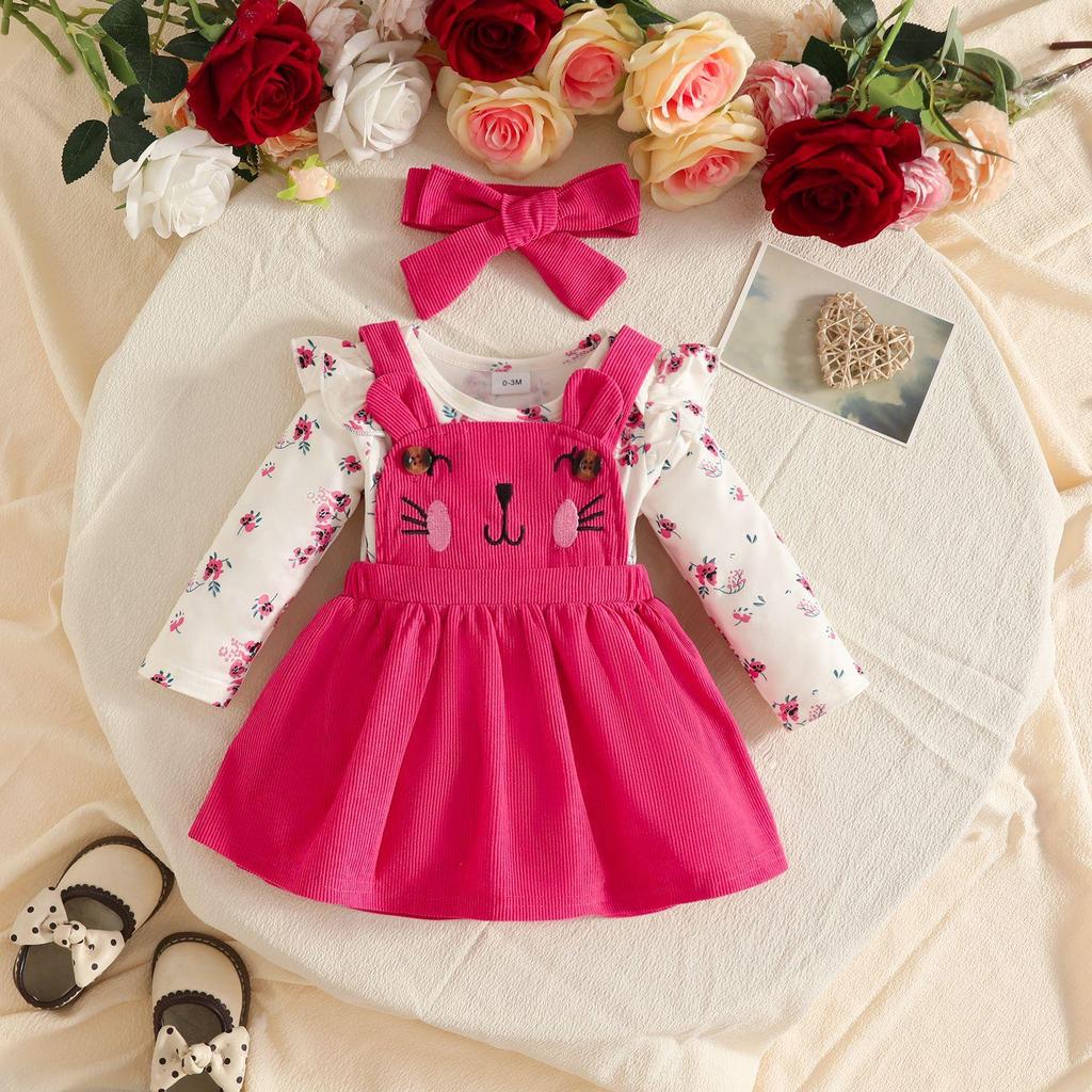 Girls' Floral Long Sleeve Romper & Cat Corduroy Overall Dress Set - Autumn/Winter