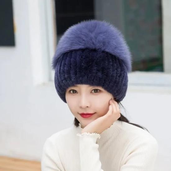 New Outdoor Good Elastic Natural Rex Rabbit Fur Hat Women Winter Knitted Real Sliver Fox Fur Cap Lady Real Fur Hats