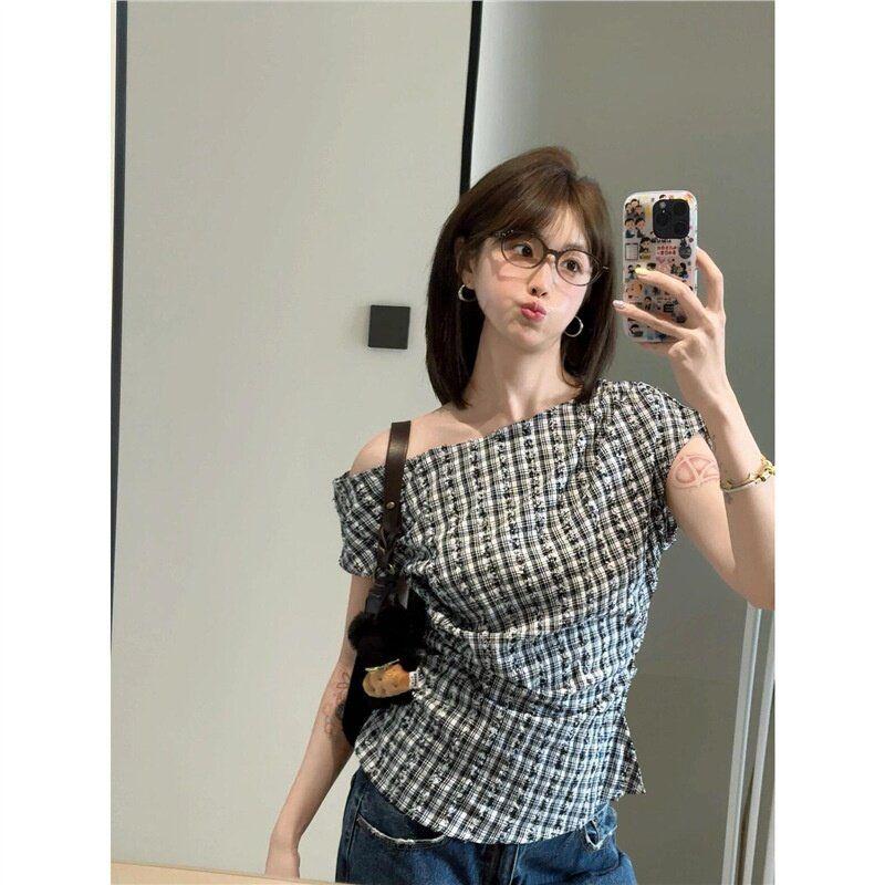 Correct Version! New Retro Floral Plaid Off-Shoulder Short-Sleeve T-Shirt for Women, Summer Stylish Design Top
