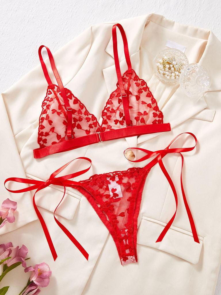 European & American Autumn Love Heart Bowknot Lingerie: Sexy Sheer Embroidered Design