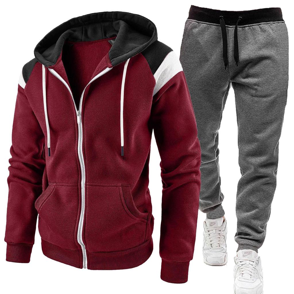 Men's Color Block Fashion Casual Sports Hoodie Sweatshirt Set