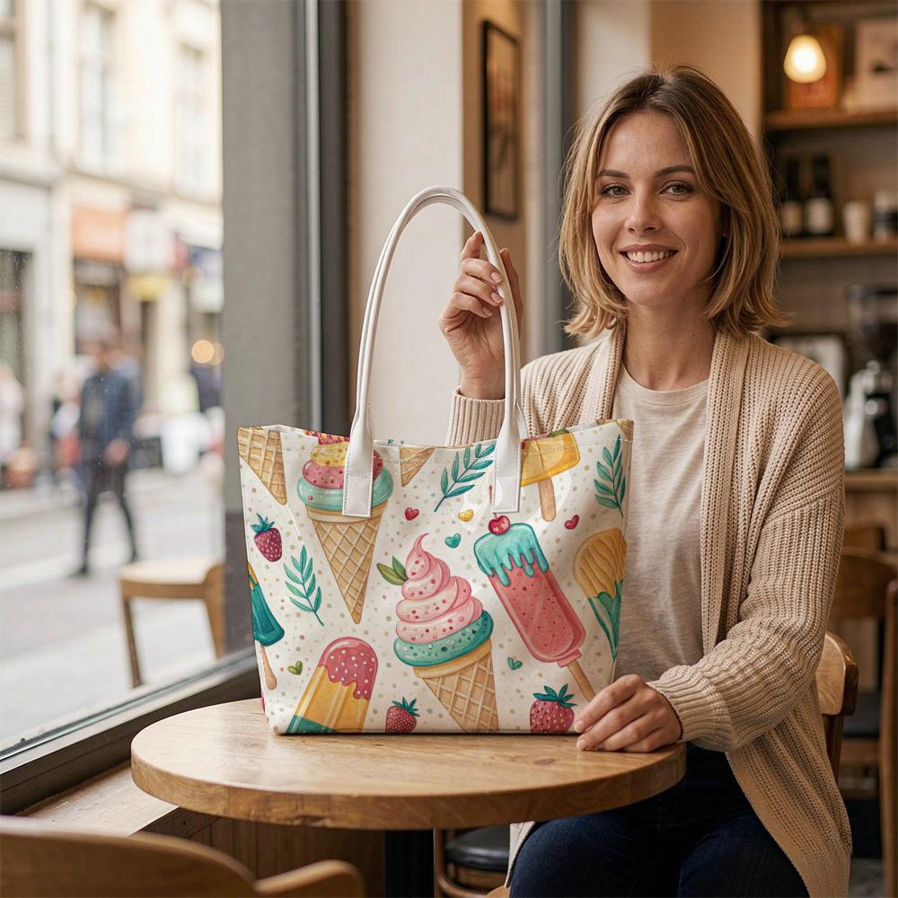 Sweet Ice Cream Printed Women Casual Tote Bag Portable Stylish Daily Use Handbag