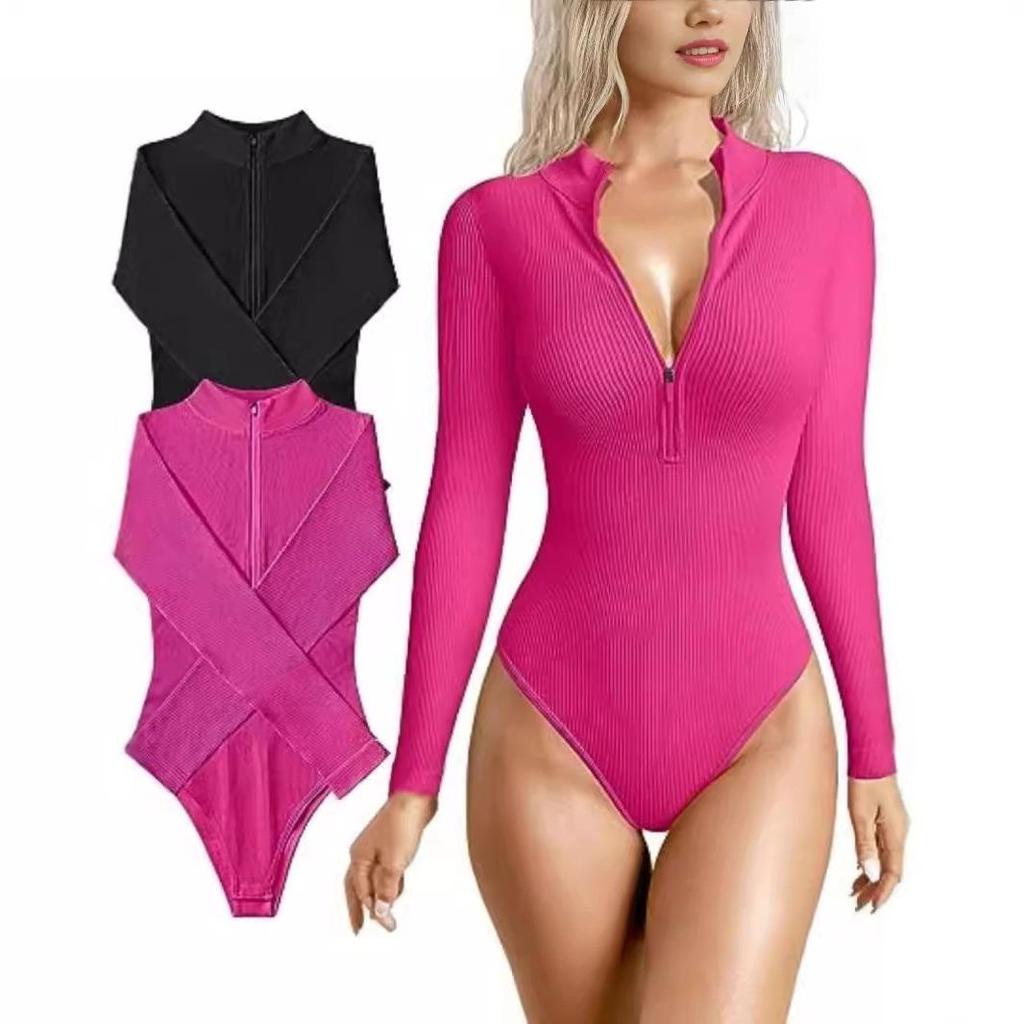 2023 Sexy Ribbed Long-Sleeve Zipper Bodysuit