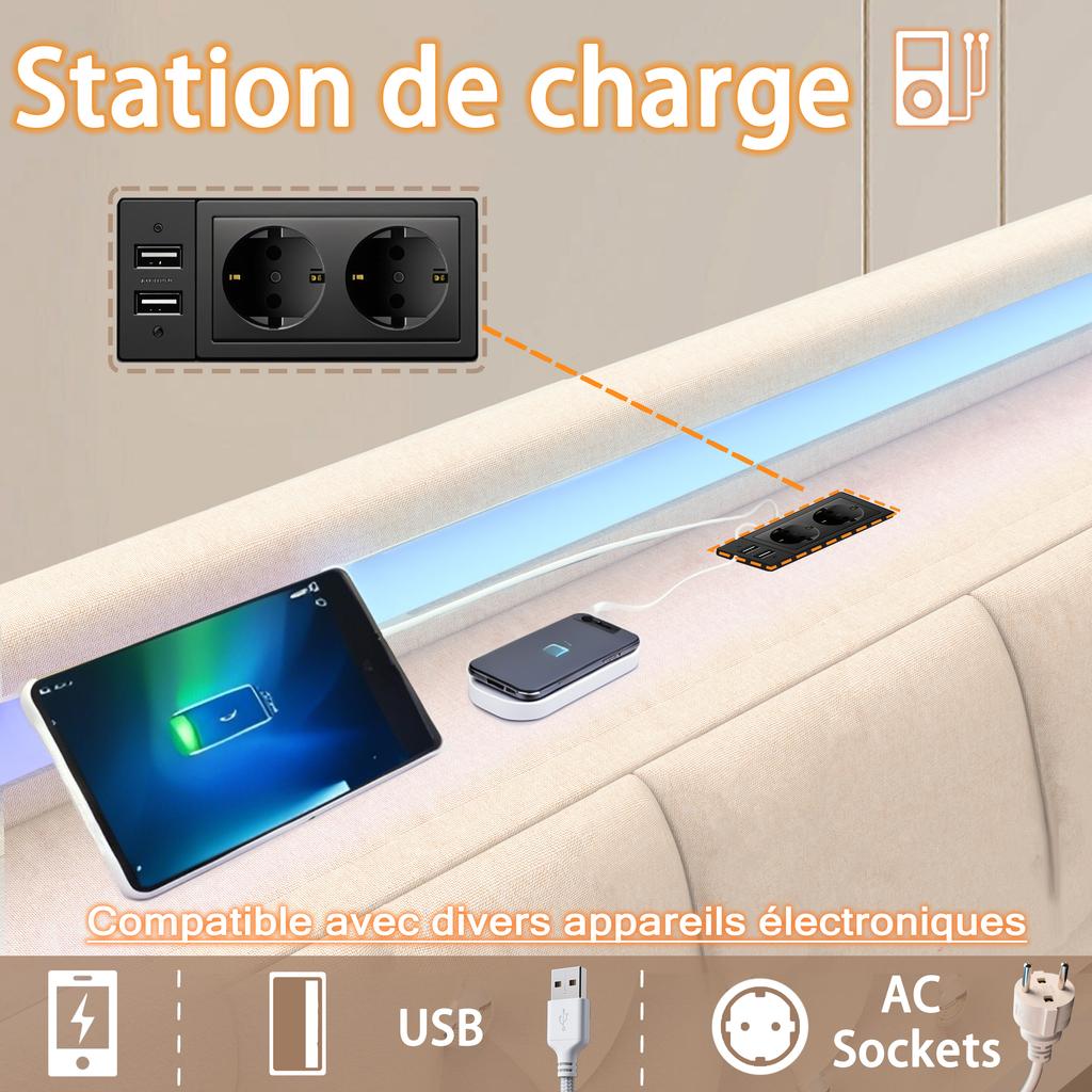 Smart Fabric Bed with RGB Music Sync Lights Charging Station AC USB Type C Ports 4 Storage Drawers Beige Grey Queen Size