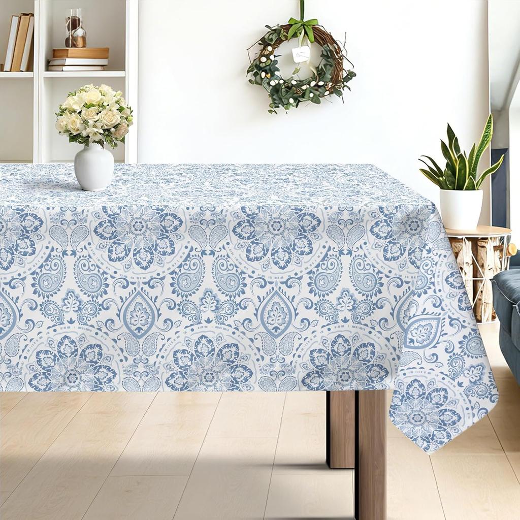 Boho Paisley Floral Print Rectangle Tablecloth for Table Decor Washable Bohemian Blue Flowers Kitchen Table Cloth Party Decor