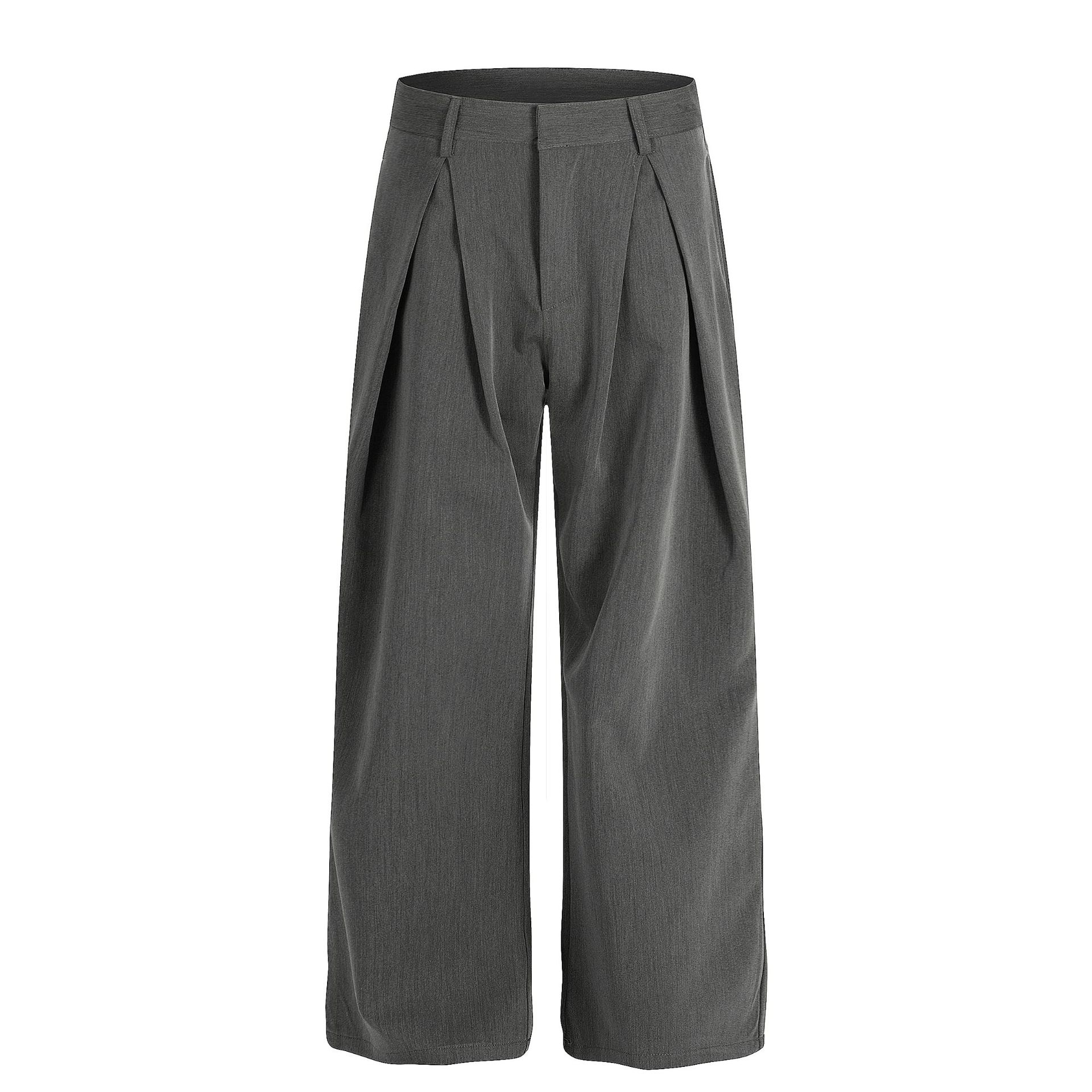 

New vintage unisex high-end trousers with solid color pleated design, loose fit men s casual dress pants S серый
