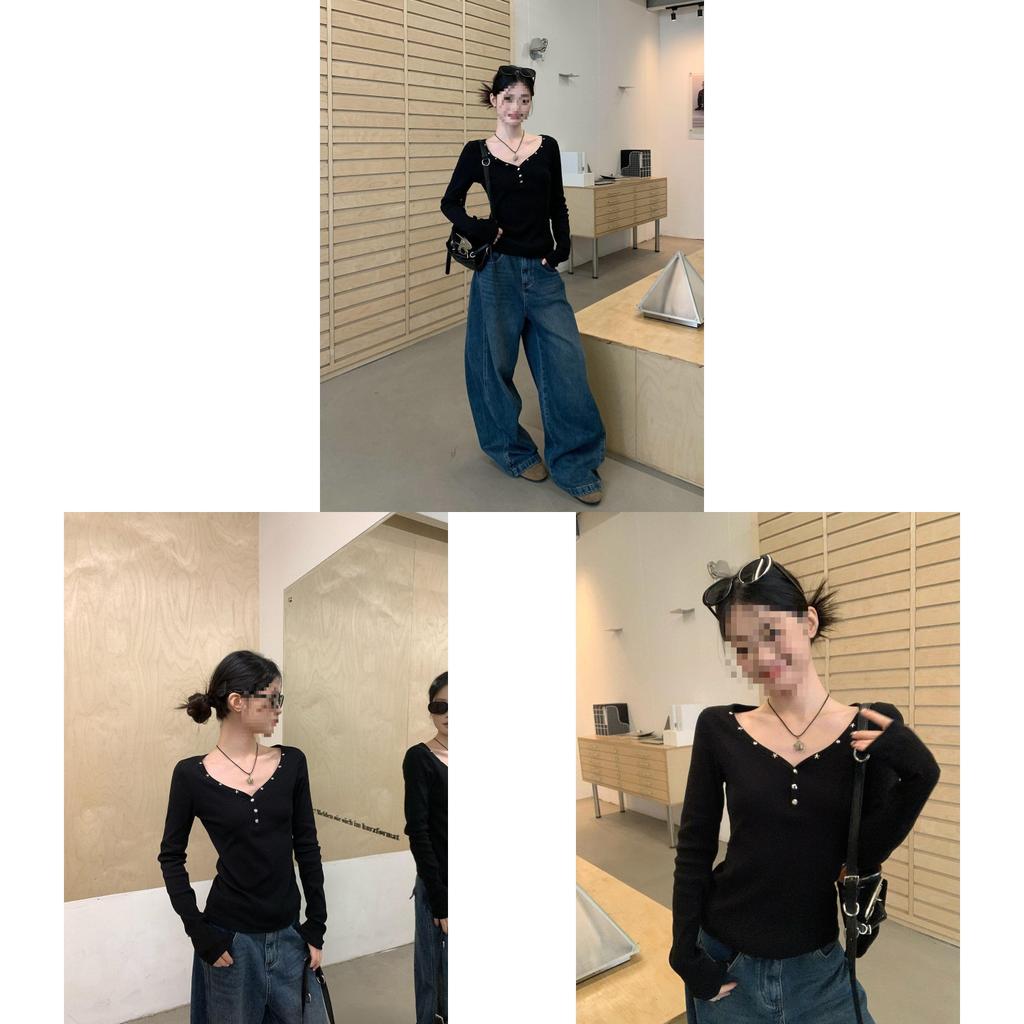T Shirt For Women Oversize V Neck Long Sleeve With Embroidery For Casual And Yoga