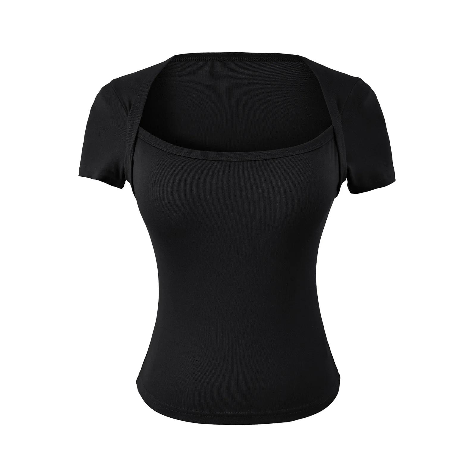 2026 Women’s Trendy Square Neck Faux Two-Piece Short-Sleeve Top with Chest Pads Large