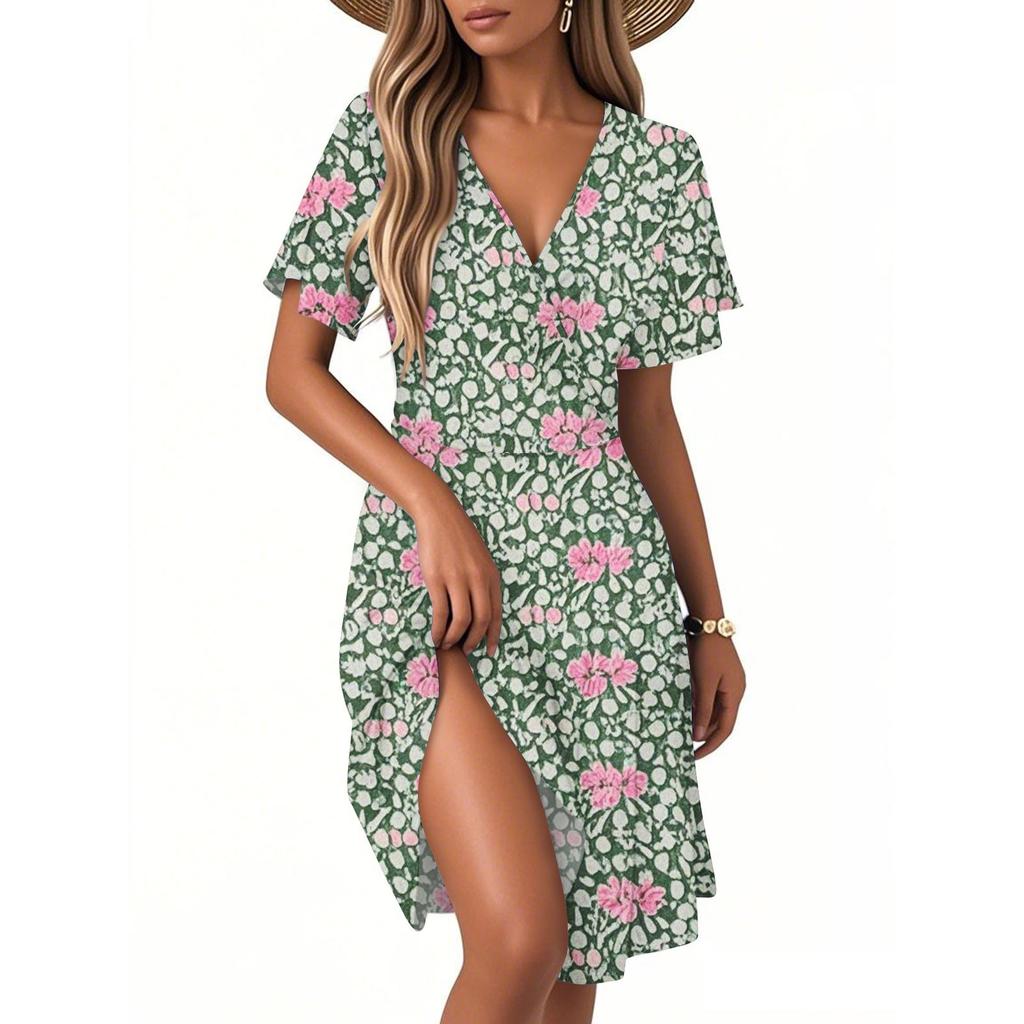 Women's Casual Fashion Dress Vintage Floral Floral Short Sleeve V-neck Dress
