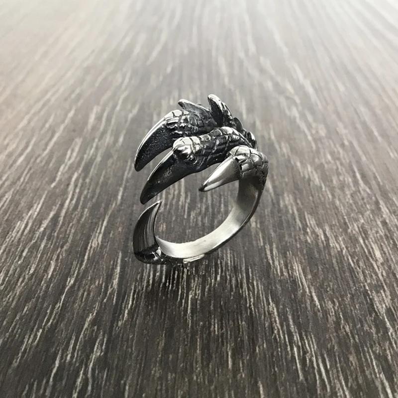 Vintage Punk Titanium Steel Eagle Dragon Claw Ring Gothic Halloween Jewelry for Men Open Rock Animal Skull Ring