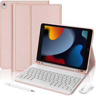 Coque Clavier pour iPad 10,2 Pouces (2019/2020/2021) Cuir PU Rose avec Clavier + Souris Sans Fil + Stylet