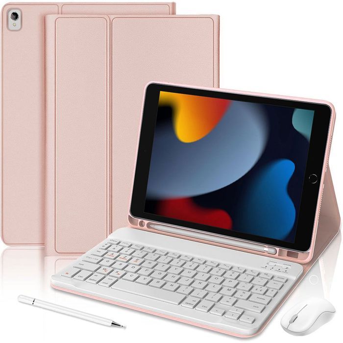 Coque Clavier pour iPad 10,2 Pouces (2019/2020/2021) Cuir PU Rose avec Clavier + Souris Sans Fil + Stylet