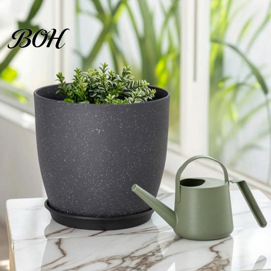 Decorative Pots for Indoor Spaces Modern Plant Pot with Saucer, Gray Flower Portable Containers Patio Drainage Holes, Stone-Look Planter Outdoor