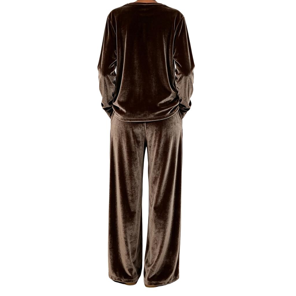 Women's Multicolor Velvet Two Piece Set Long Sleeve Crewneck Top and Pants Casual Outfit