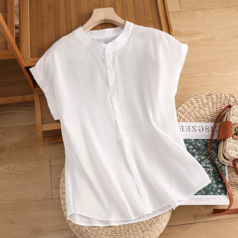 Einfarbige japanische Stehkragenblusen Damen Büro Sommermode Locker und bequem Lässiges ärmelloses Oberteil
