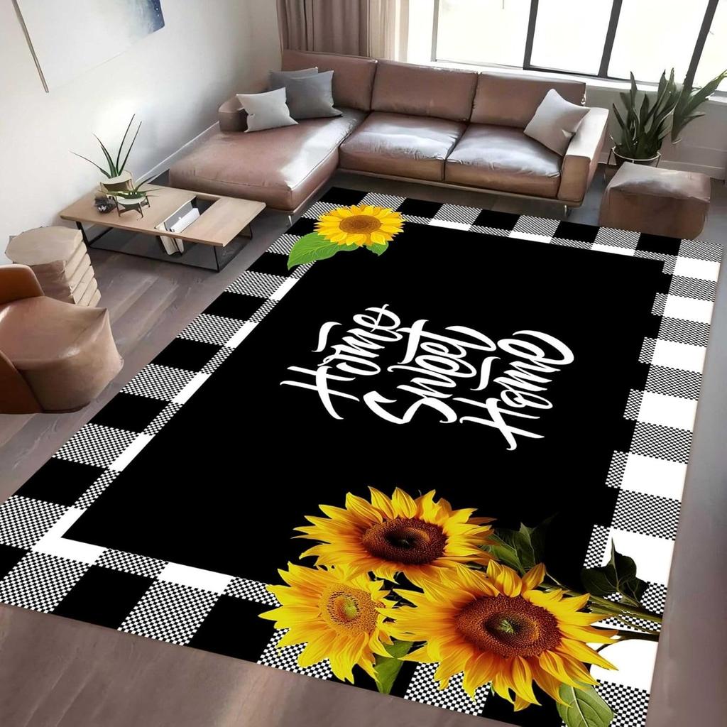 Retro Rustic Style Sunflower Print Carpet European Classic Artistic Home Decor Rug Soft Non-Slip Mat for Living Room Bedroom