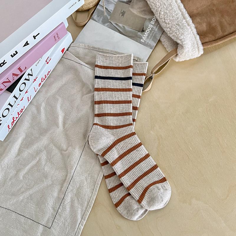 

10Pair Striped Socks Children S Autumn And Winter Double Needle Medium Tube Stacking Socks Style Japanese College Style Basic Women S Socks One size легкие хаки
