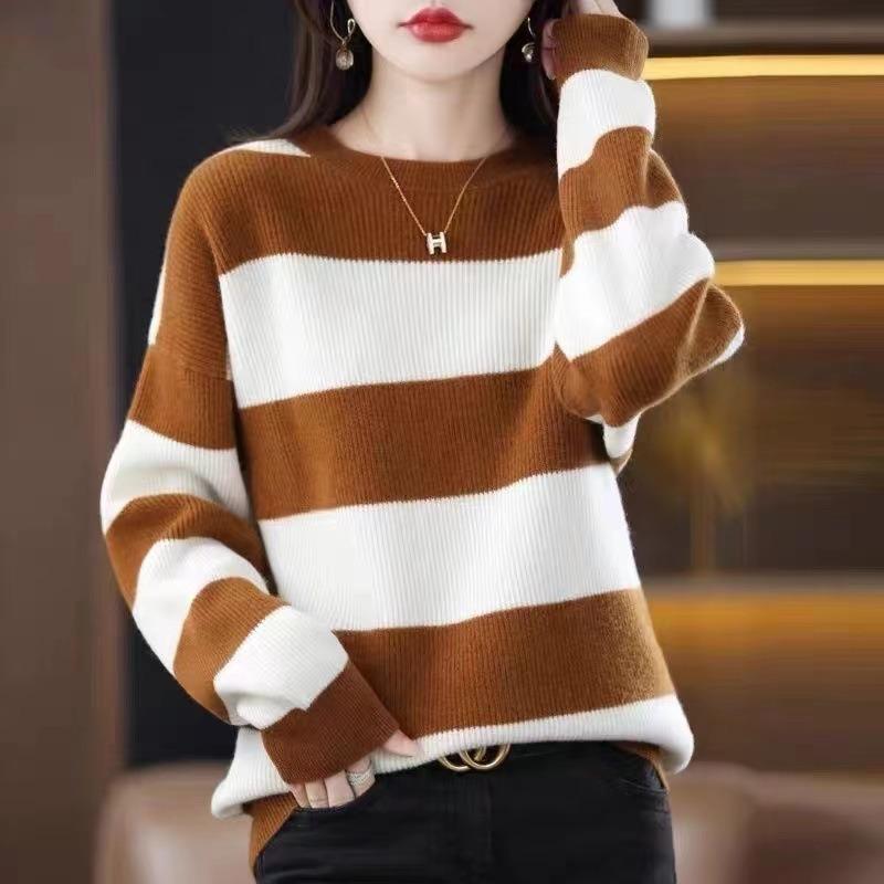 Modischer gestreifter Strickpullover langärmeliger Unterziehpullover Damen Herbst und Winter Neu Lockerer vielseitiger Rundhals-Pullover