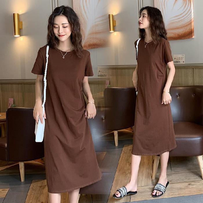 2026 summer new medium and long t-shirt loose and thin over the knee short-sleeved avocado green dress