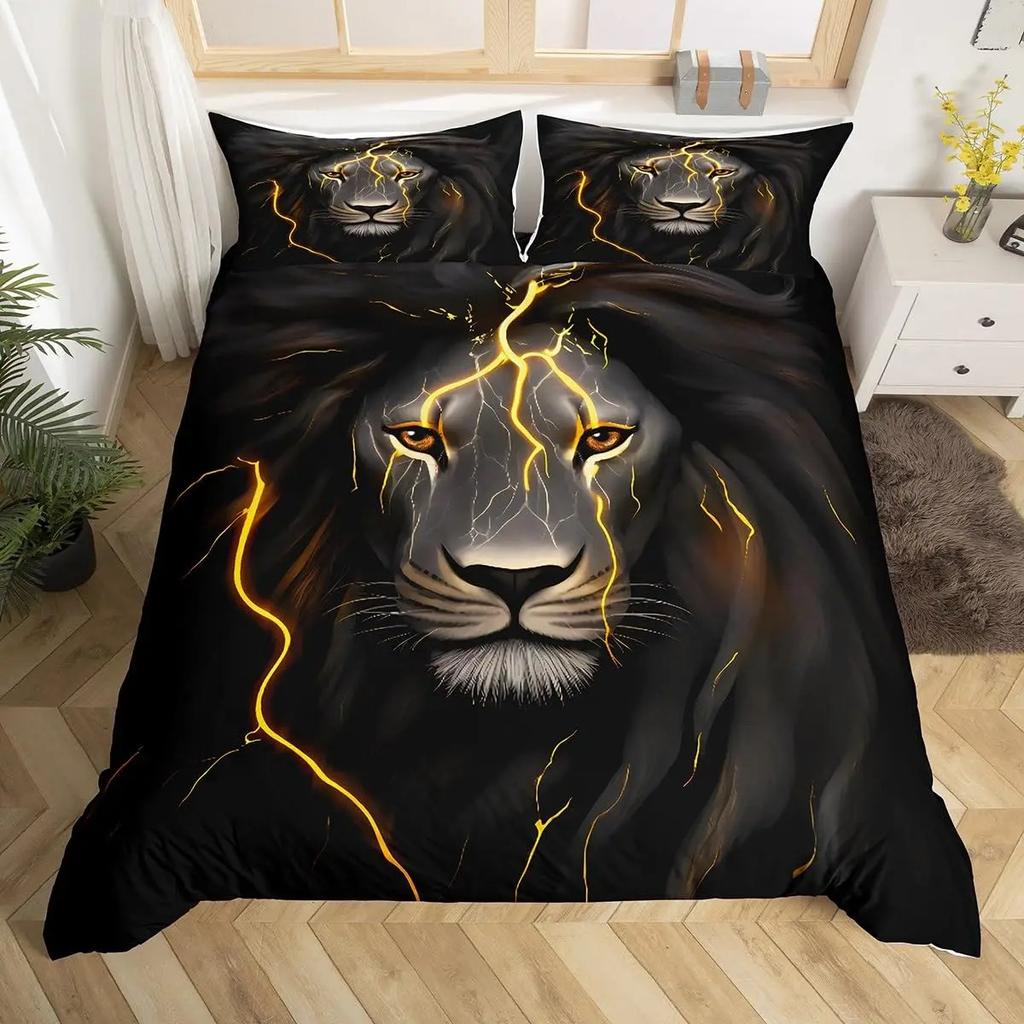 Lion Duvet Cover Set King Queen Hand Drawn Animal Bedding Set Graffiti Abstract Art Quilt Cover Wildlife Vintage Comforter Cover