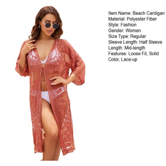 Beach Cardigan Embroidery Floral Lace Design Lightweight Summer Crochet See-through Sun Protection Beach Bikini Cover-Up