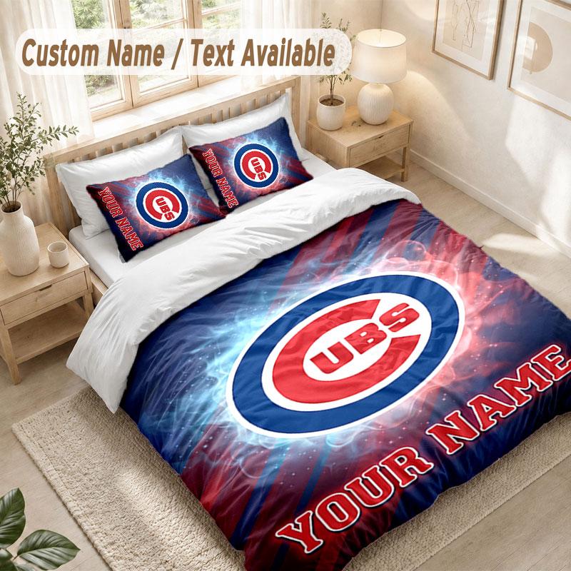 Custom Name Bedding Set 3 PiecesChicago Cubs Print Duvet Cover + 2 Pillowcases Soft Bed Decor