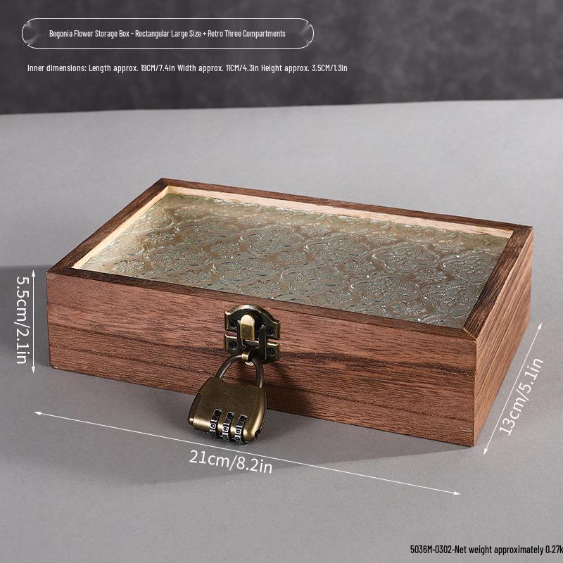 Retro Begonia Glass Lid Wooden Storage Box for Cosmetics, Snacks, Candy, and Documents - Dustproof and Multifunctional