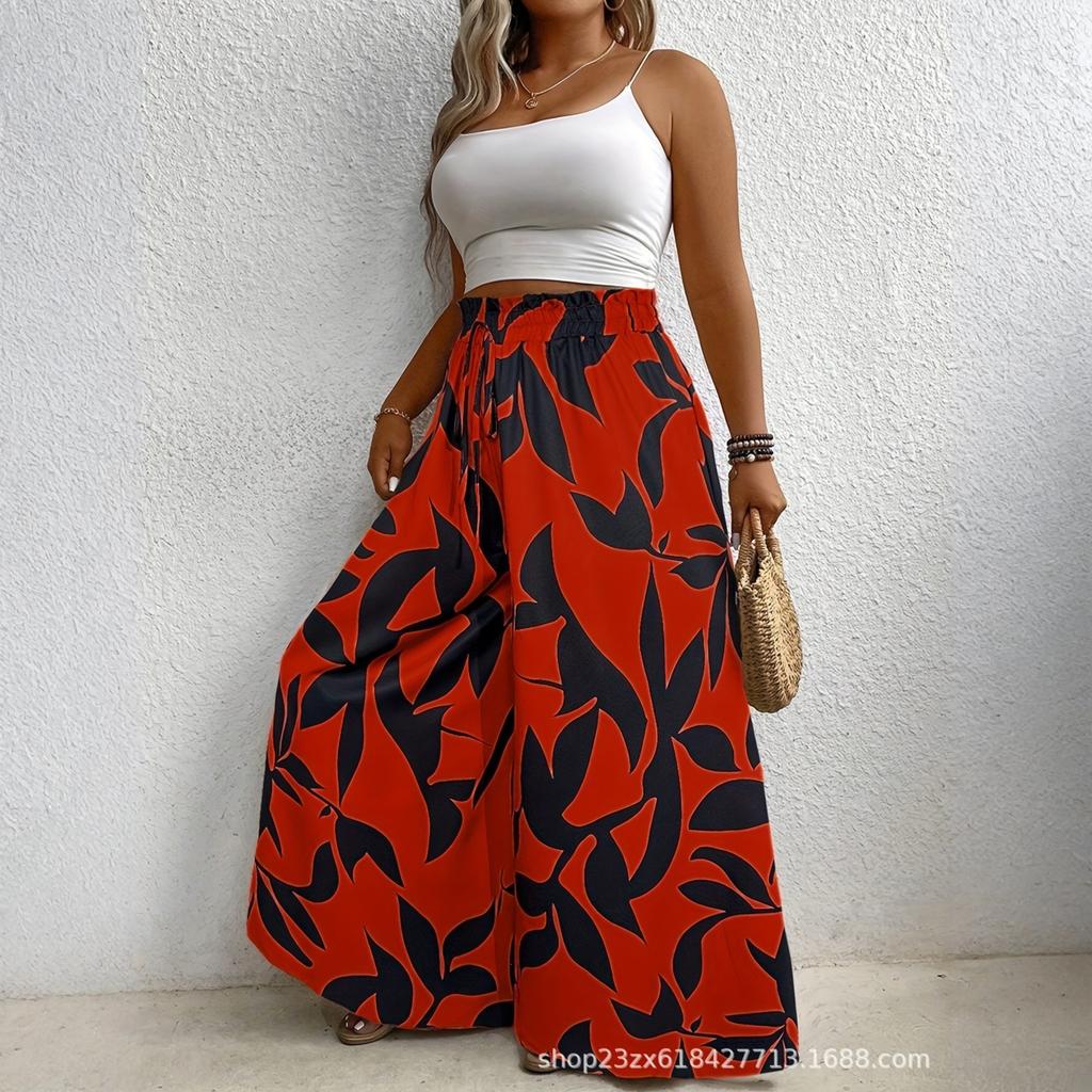 Women’s Loose Fit Printed Wide Leg Palazzo Pants with Elastic Waistband and Flowing Skirt Style Comfortable Design