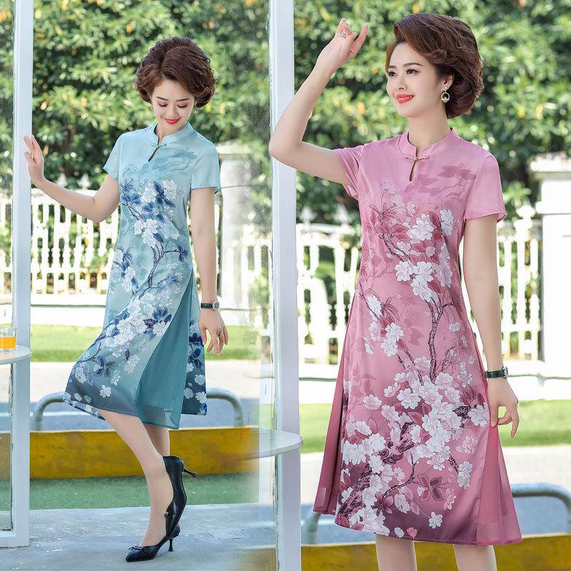 

Летнее платье для матери в китайском стиле, шифоновая юбка большого размера, элегантное и достойное платье