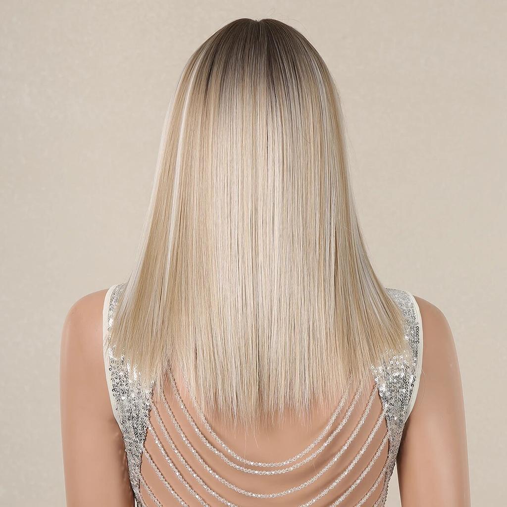 Blonde Silky Straight Synthetic Wigs with Bangs Medium Long Natural Platinum Wig for Women Cosplay Heat Resistant