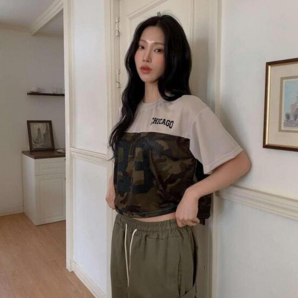 New Arrivals Open Run Women Camo Color Block Mesh T shirT