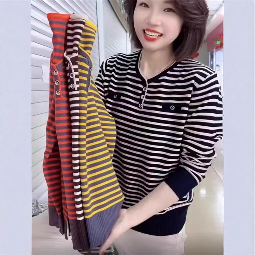 

Вязаный свитер с V-образным вырезом для мамы: Полосатая мода с длинным рукавом для весны и осени 4XL (155-170 lbs) чёрный