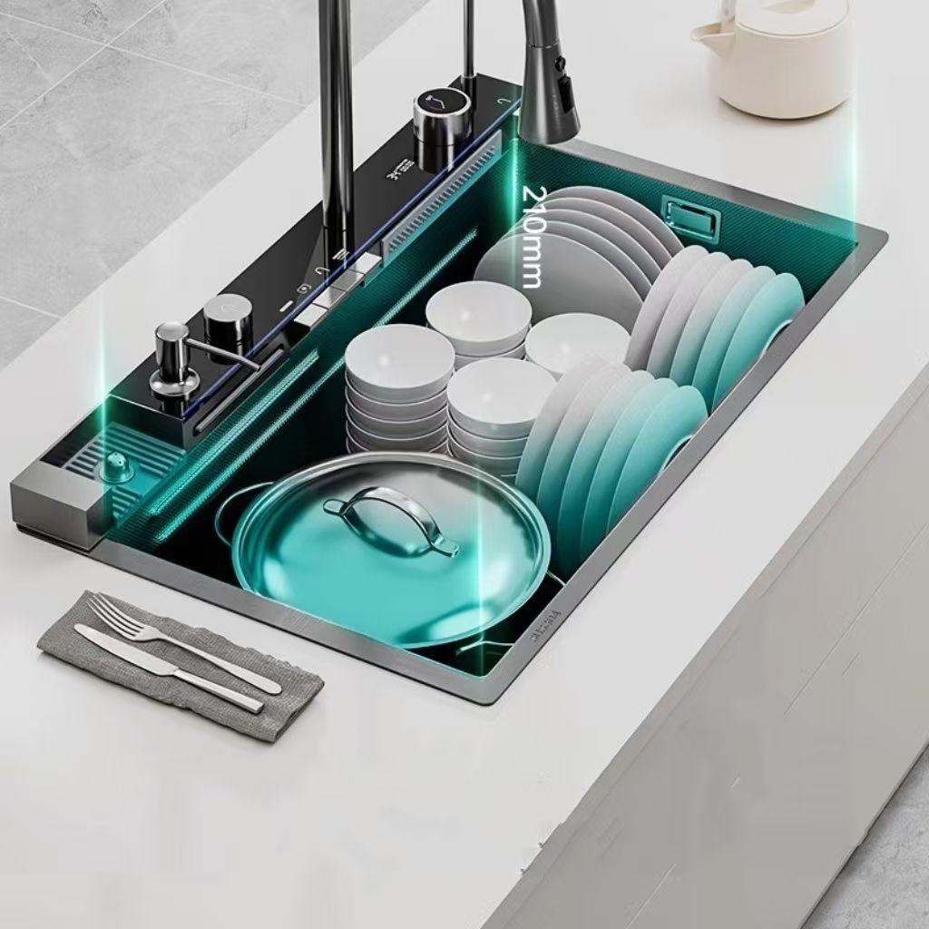 Nano Multifunctional Kitchen Sink Large Single Slot Integrated Digital Display Waterfall Faucet Soap Dispenser Cup Washer Pure